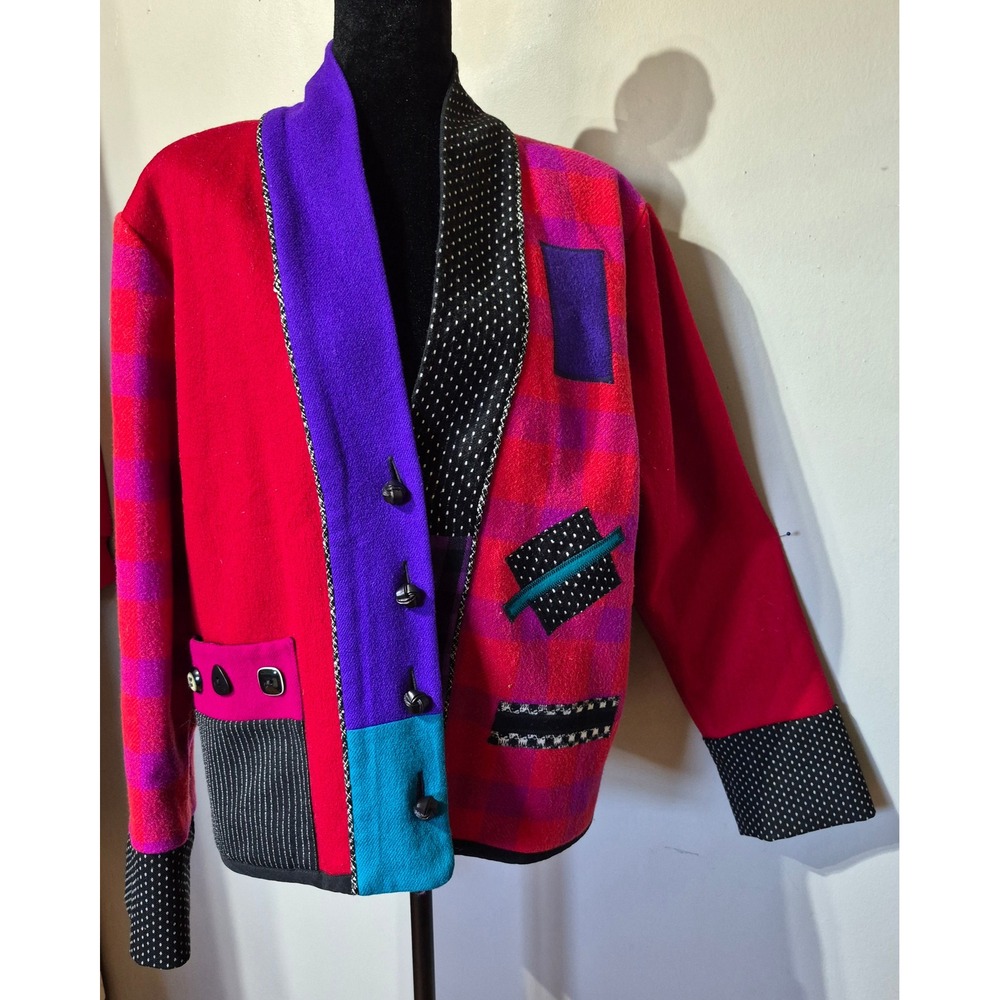Lynn Murray Vintage Patchwork Art Jacket Red Purple Wool Blend Women Medium
